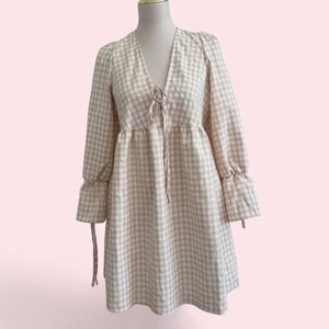 Beige Gingham Babydoll Dress w/ Tie Front & Bell Sleeves — Size L